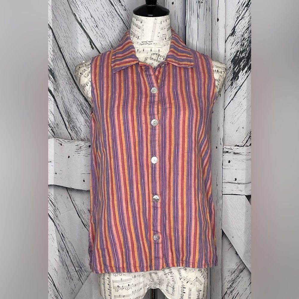 Flax Multicolor Striped Linen Sleeveless Blouse Petite Small